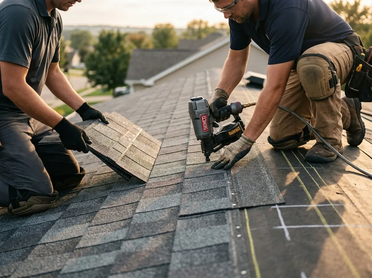 Professional roofer working on a residential roof in La Palma